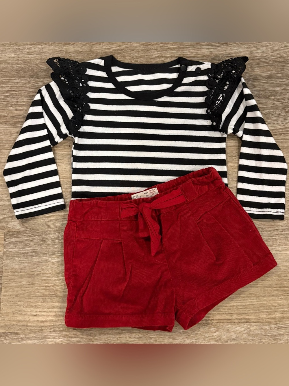 Zara Striped Lace-Shoulder Top & Red Corduroy Shorts Set 18-24 months